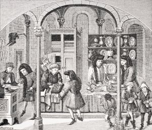Läden unter einem überdachten Markt, nach einer Miniatur in einer Übersetzung von Aristoteles